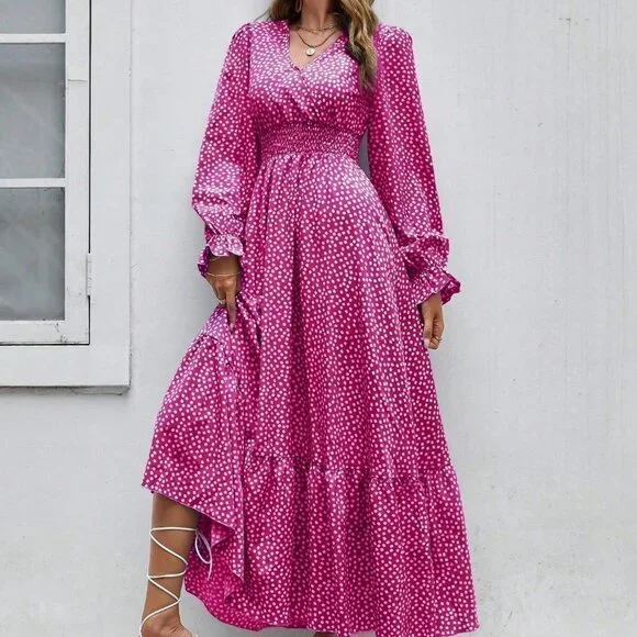 Pink Boho Womens Ditsy Floral Print Flounce Sleeve Shirred Dress - Picture 5 of 5